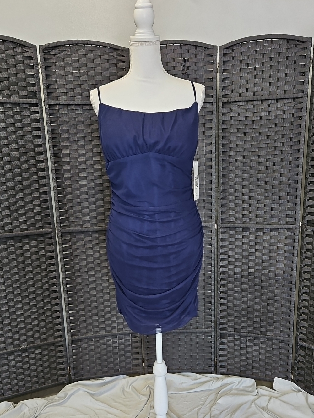 Navy Ruched Spaghetti-Strap Dress